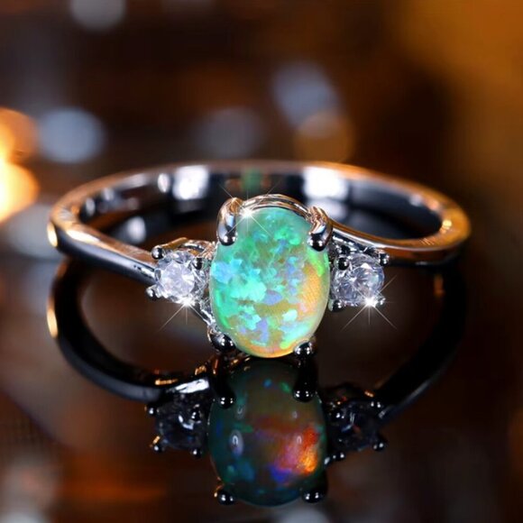 NEW 18k White Gold Green Fire Opal Diamond Ring Band - Picture 4 of 11
